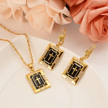 

Dubai India Africa gold black gold cross religious sea set fashion girl bride engagement wedding earrings necklace gift