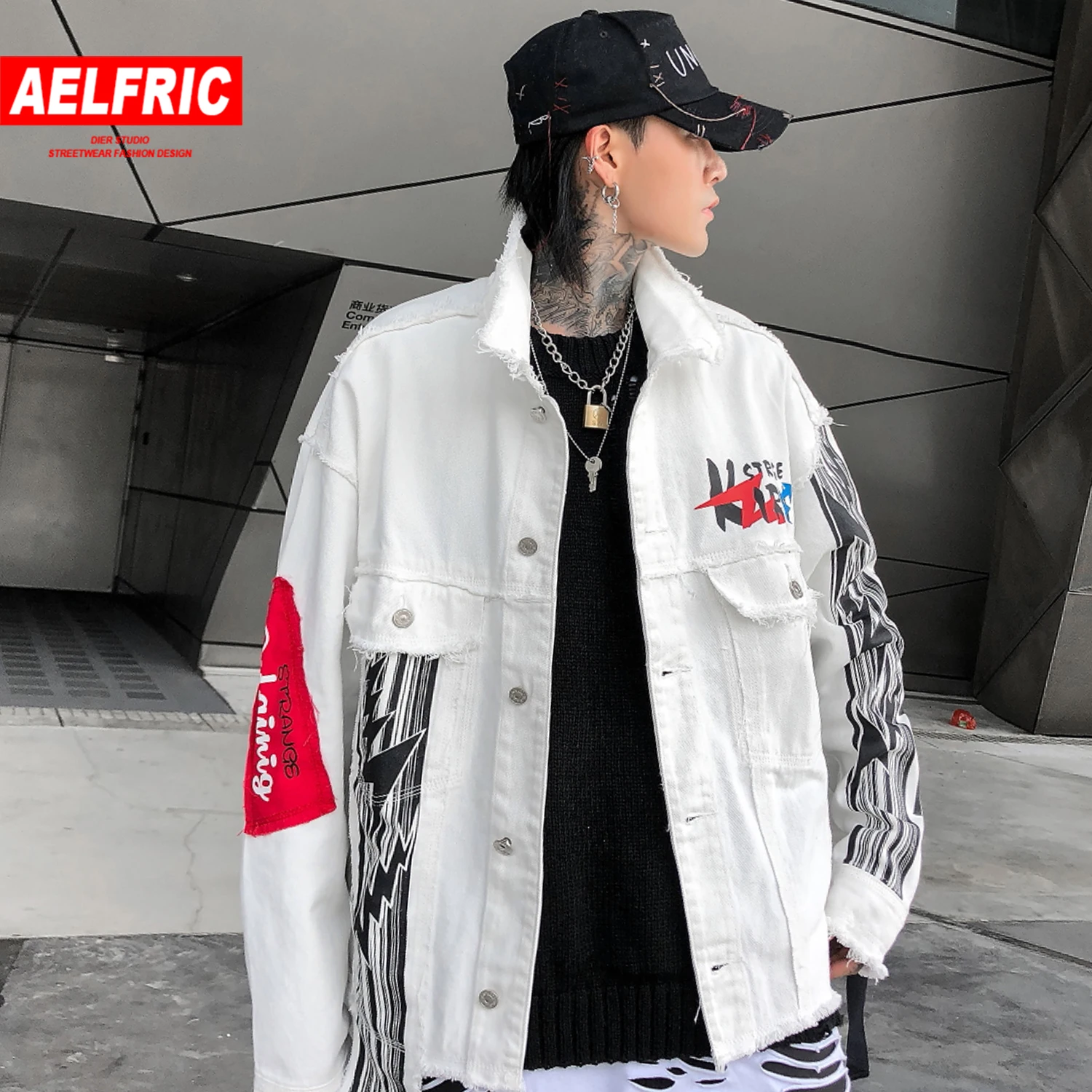 AELFRIC хип хоп неправильные печатные мужские джинсовые куртки Harajuku модные пальто Уличная Повседневная мужская пара свободные с длинным рукавом