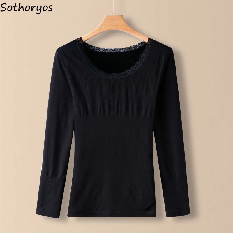 

Thermal Underwear Tops Women Plus Velvet Thicker Long Sleeve Lace Low-neck Winter Stretchy Warm Undershirt Solid Slim Seamless