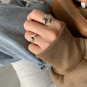 

925 Sterling Silver Letter V Hollow Star Thai Silver Ring For Women Open Finger Rings Party Jewelry Dropshipping S-R673