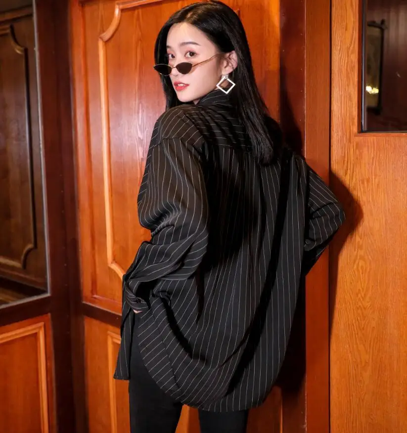 Новинка осени 2019 Женская свободная полосатая рубашка дизайнерская женская