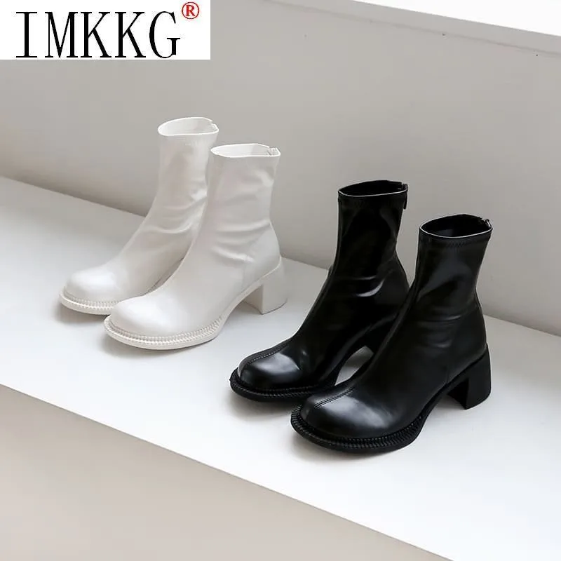 Botines de tacón alto con punta cuadrada para mujer, botas cortas con cierre, color blanco, estilo Chelsea, 2021