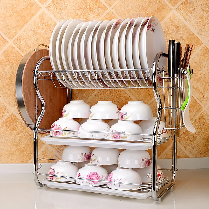 

Kitchen Stainless Steel Color Water Draining Dish Rack Three Layer Multi-functional Knife Cutting Board Chopsticks Storage Shelf