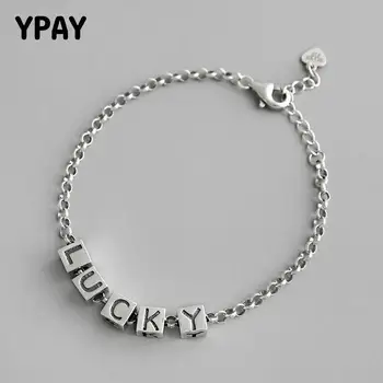 

YPAY 100% Authentic 925 Sterling Silver Letter Lucky Bracelets for Women Korean Vintage Geometric Square Charm Bracelet YMB064
