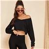 SHEIN черный укороченный свитер с открытыми плечами пуловер для женщин лето осень длинный рукав сплошной v-образный вырез эластичные толстовки для отдыха