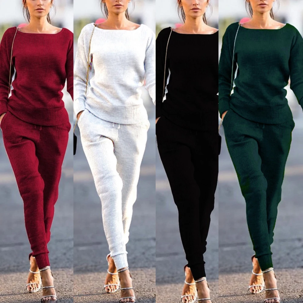 

HOT SALES!!! 2Pcs Women Autumn Solid Color Ribbed O Neck Top Drawstring Pants Sport Tracksuit Women Running Sports Tracksuit