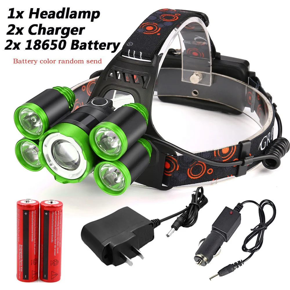 Green set 35000лм налобный фонарь 5x CREE XM-L T6 светодиодный налобный светильник вспышка светильник налобный светильник 18650 перезаряжаемый аккумулятор AC Зарядка на открытом воздухе кемпинг - Испускаемый цвет: Green set