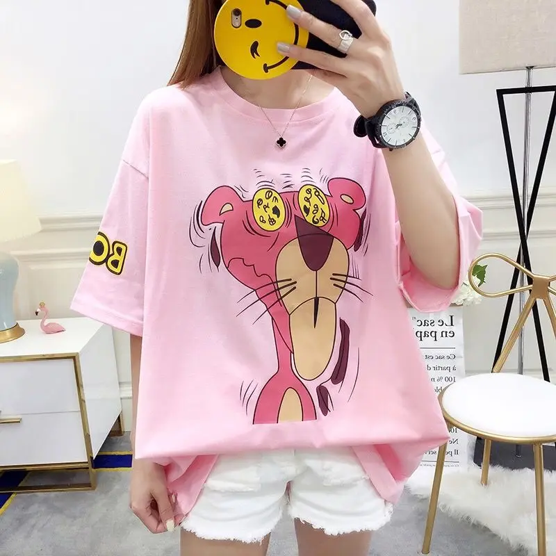 100 кг разноцветная футболка женская Плюс Размер женская хлопковая футболка женская летняя повседневная розовая леопардовая с круглым вырезом