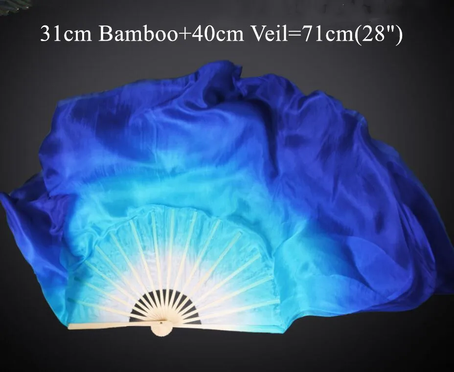 31cm 40cm Профессиональный настоящий Шелковый веер вуаль пара(1л+ 1р) Китайский Шелковый веер живота танцевальный реквизит Белый Королевский синий градиент блесток Складной вентилятор - Цвет: 31cm 40cm