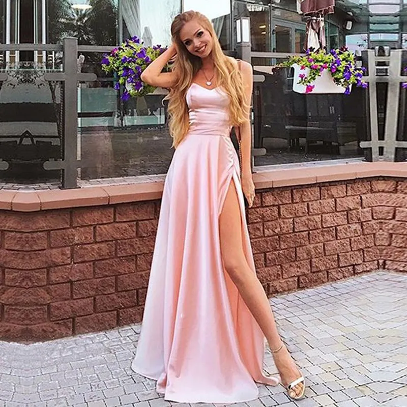 BBQ036 robe de soiree розовые вечерние платья с разрезом спереди торжественное платье женское выпускное платье на бретельках vestidos de festa - Цвет: Pink as Picture