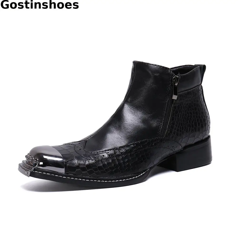 Classic Black Genuine Leather Men Boots Wing Tip Snake Skin Printed Steel Cap Toe Men Short Work Ankle Boots Office Dress Boots