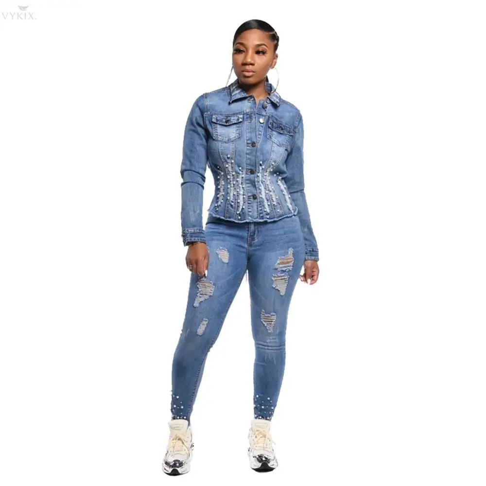  Korean Style Womens Clothing Fashion Solid Pearls Denim Coat Turn-down Collar Long Sleeve Slim Fray