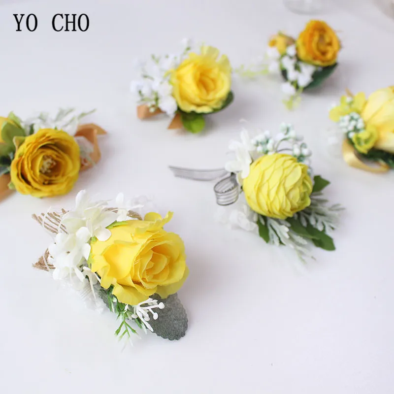 Boutonniere Flowers wedding wrist corsage flowers silk roses yellow  (57)