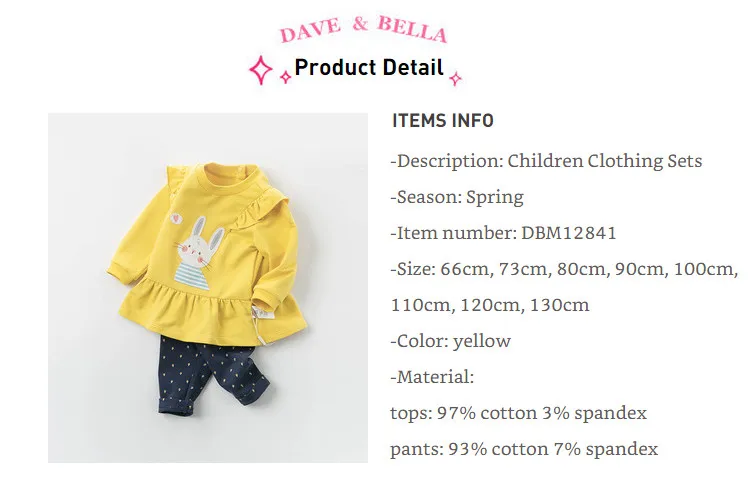 Dave bella/DBM12841, модные весенние комплекты одежды для маленьких девочек, бант из Рюш, с героями мультфильмов милые детские комплекты с длинными рукавами детский комплект из 2 предметов