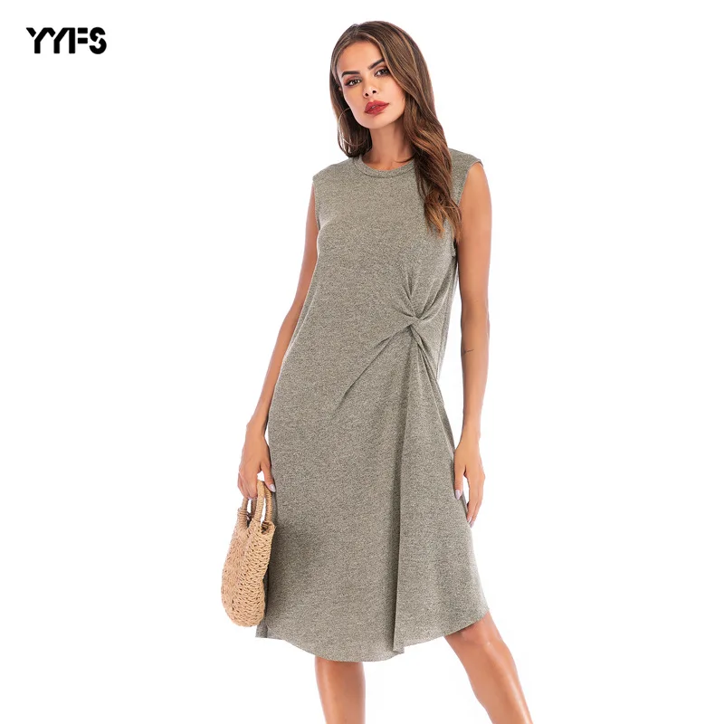 

WOMEN'S Dress New Style Dress Summer 2019 Solid Color Simple Kink Medium-length Dress Pleat Asymmetric Skirt Women's a Generatio