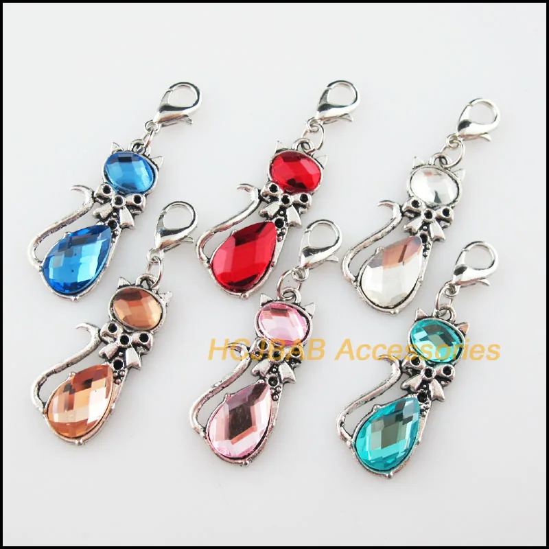 6 New Animal Cat Charms Crystal Mixed Retro With Lobster Claw Clasps Pendants