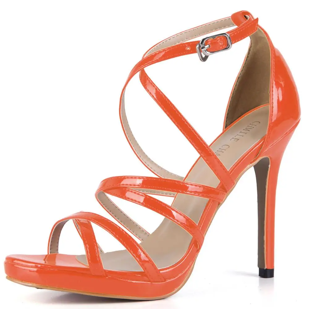 Пикантные вечерние женские босоножки из лакированной кожи с открытым носком на шпильке с ремешком на щиколотке в римском стиле Zapatos Para Mujer Sandalias de Tacon Alto de Aguja YJ0640A-4a - Цвет: Dark Orange Patent