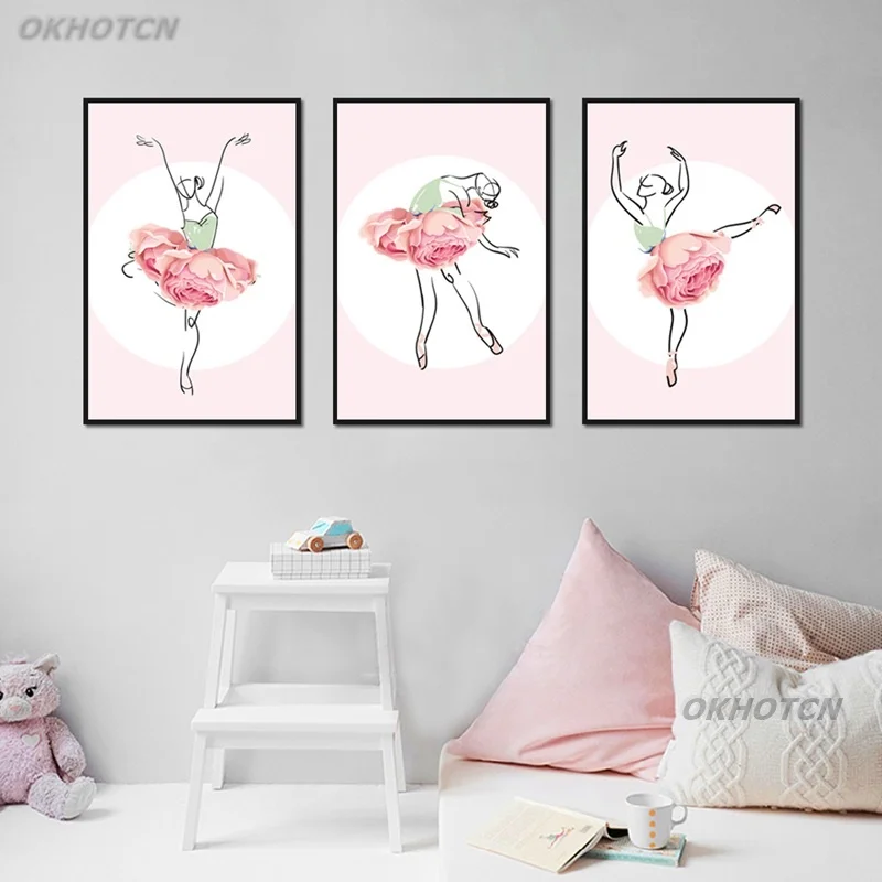 

Posters And Prints For Girl Room Home Decoration Nordic Style Modern Pink Flowers Ballet Girl Canvas Painting Wall Art Picture