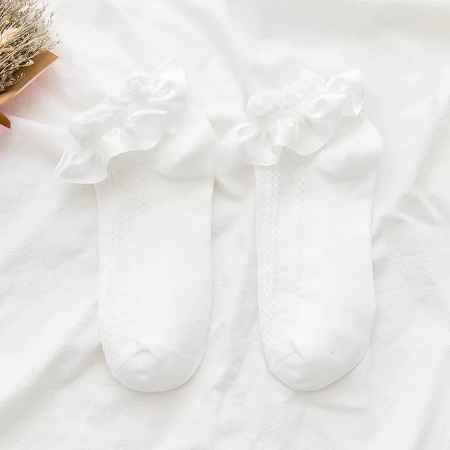 Women Lace Mesh Black White Cotton Socks Lolita Style Japanese Maiden Lovely Short Socks Harajuku Frilly Ruffle Princess Socks white twist