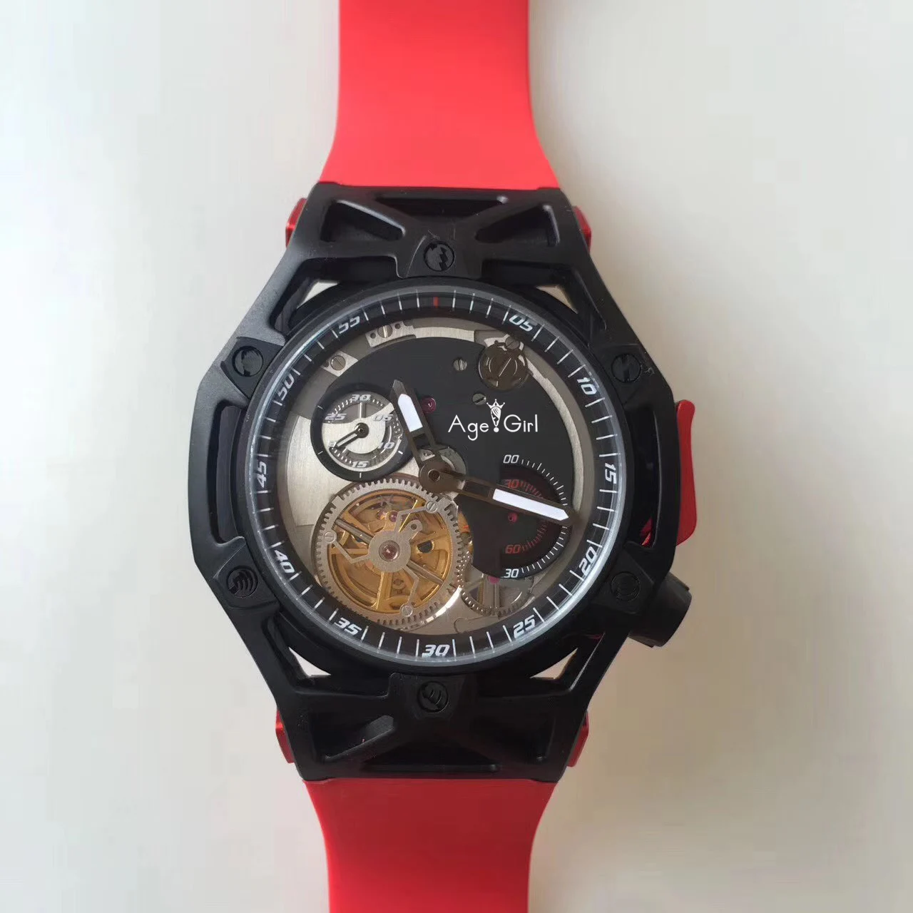

Luxury Brand New Men Automatic Mechanical Grey Red Black Stainless Steel Rubber Techframe 70 Years Tourbillon Chronograph Watch