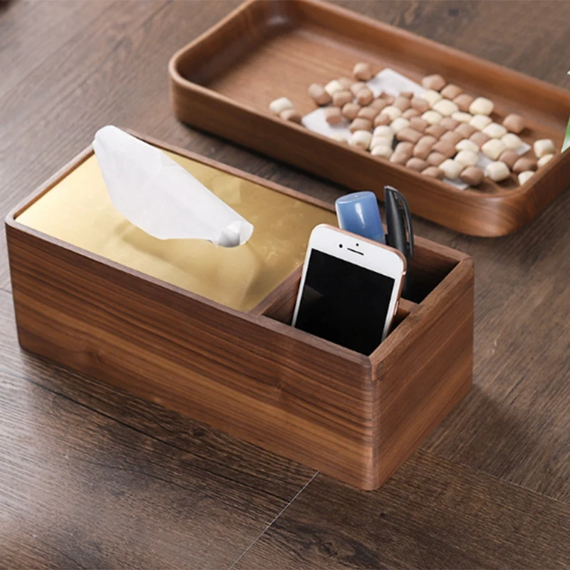 Black Walnut Wood Napkin Box Brass Cover Tray Tissue Box Retro Classic Multi-Function Storage Box Home Decor High-End