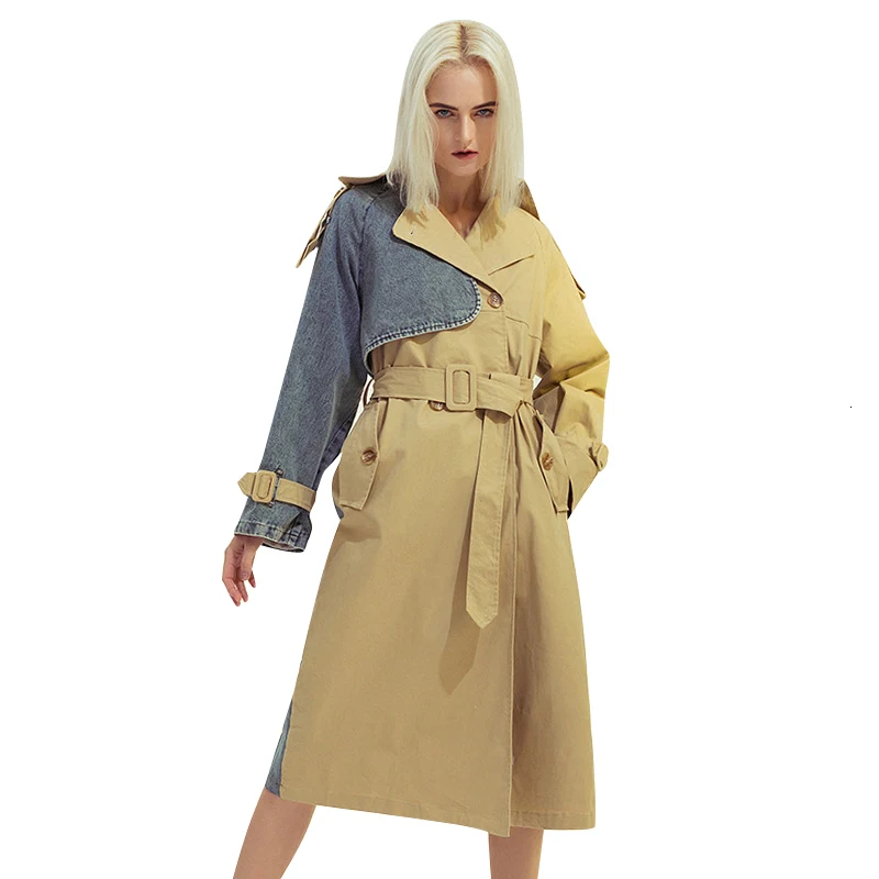 Hit Color Trench Female Lapel Collar Long Sleeve High Waist Sashes Plus Size Patchwork Trench Women Fashion