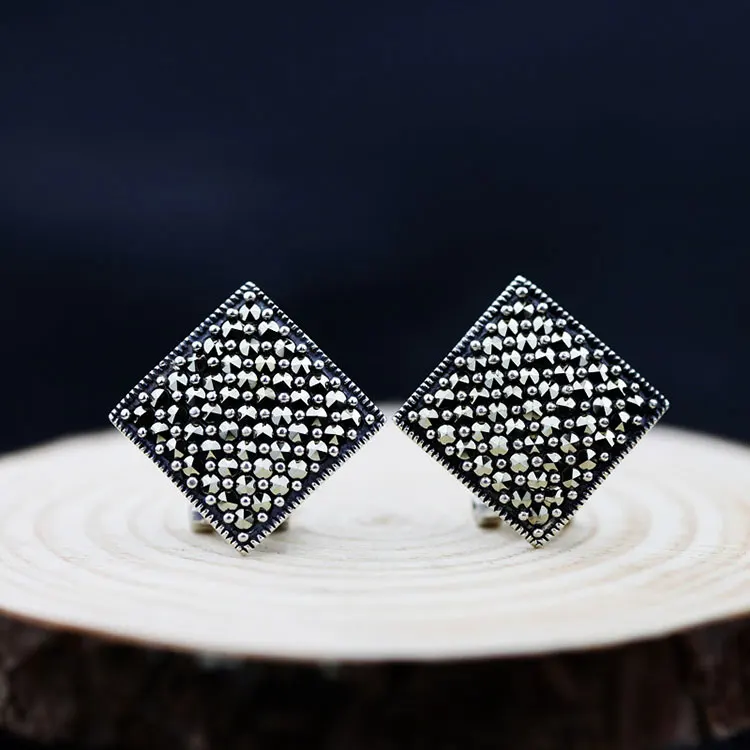 FNJ 925 серебряные серьги квадратный марказит букле d'oreille S925 Стерлинговое серебро серьги-гвоздики для женщин ювелирные изделия