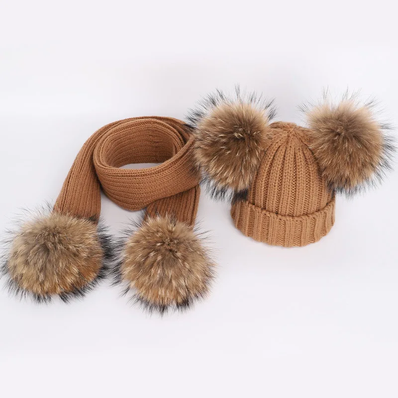 New Winter Children's Double Hair Ball Woolen Hat Scarf Set Boys Girls Thickened Raccoon Ball Knitted Ear Cap Two Piece Set