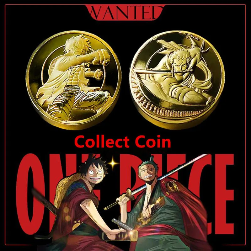 Saicowordist One Piece Anime Luffy Zoro Metal Commemorative Coin European Style Golden Relief Spielen Anime Commemorative Coin 2PCS