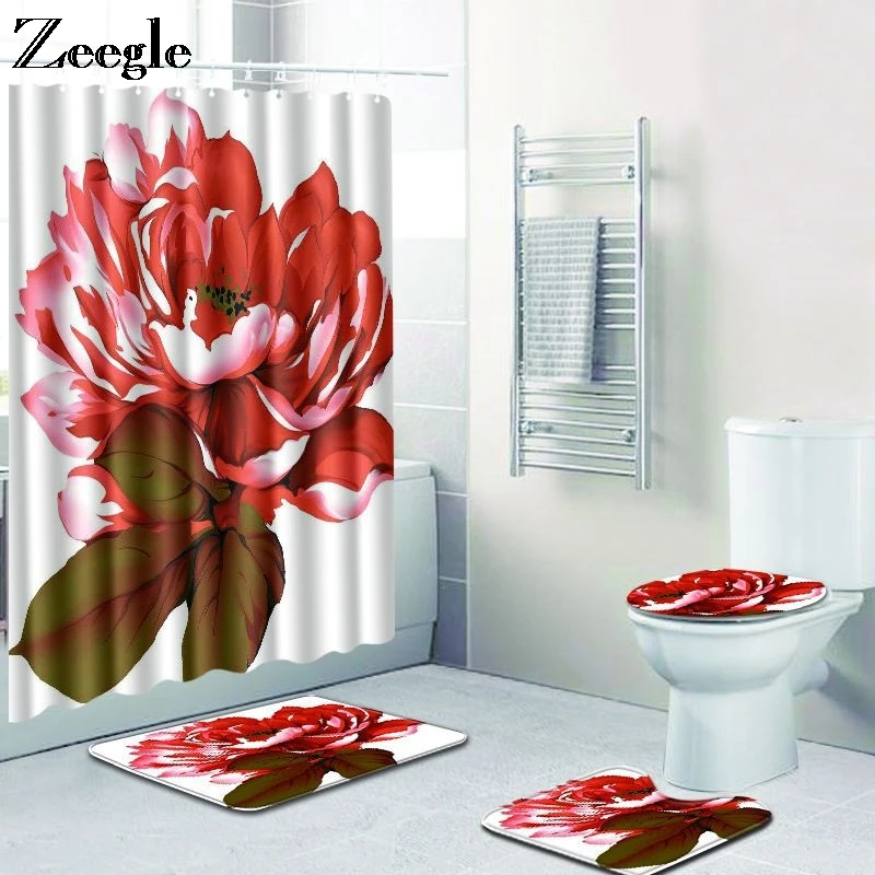 Zeegle 4pcs Bath Mat Set with Bathroom Curtain Non Slip Toilet Seat Cover Mat Absorbent Toilet Pedestal Rug Foot Mat Toilet Set