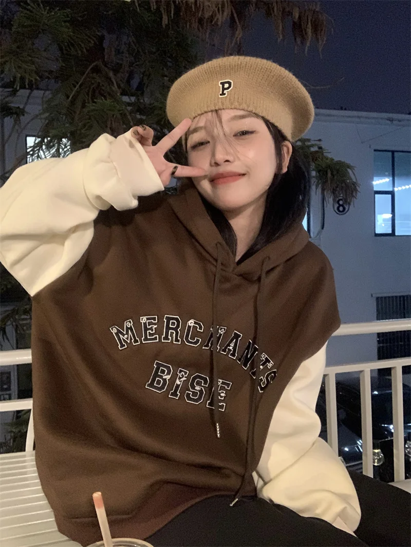 

Korean style contrast color hooded loose retro color matching plus velvet Sweatshirt Fashion oversized hoodie streetwear women