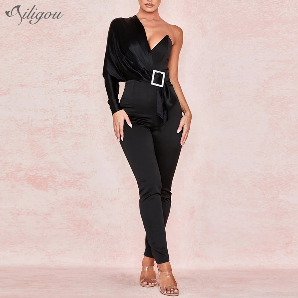 Ailigou 2019 Winter Women'S New Jumpsuit Sexy One-Shoulder Long-Sleeved V-Neck Crystal Buckle Vestidos Club Party Jumpsuit Ailigou 2019 Winter Women'S New Jumpsuit Sexy One-Shoulder Long-Sleeved V-Neck Crystal Buckle Vestidos Club Party Jumpsuit