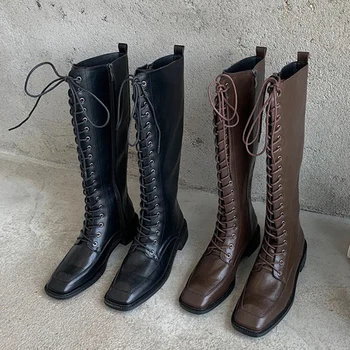 

2020 Winter Women Knee High Flat Boots Lady Low Heels Riding Botas Square Toe Lace Up Long Boots Thigh High Gothic Boots Shoes