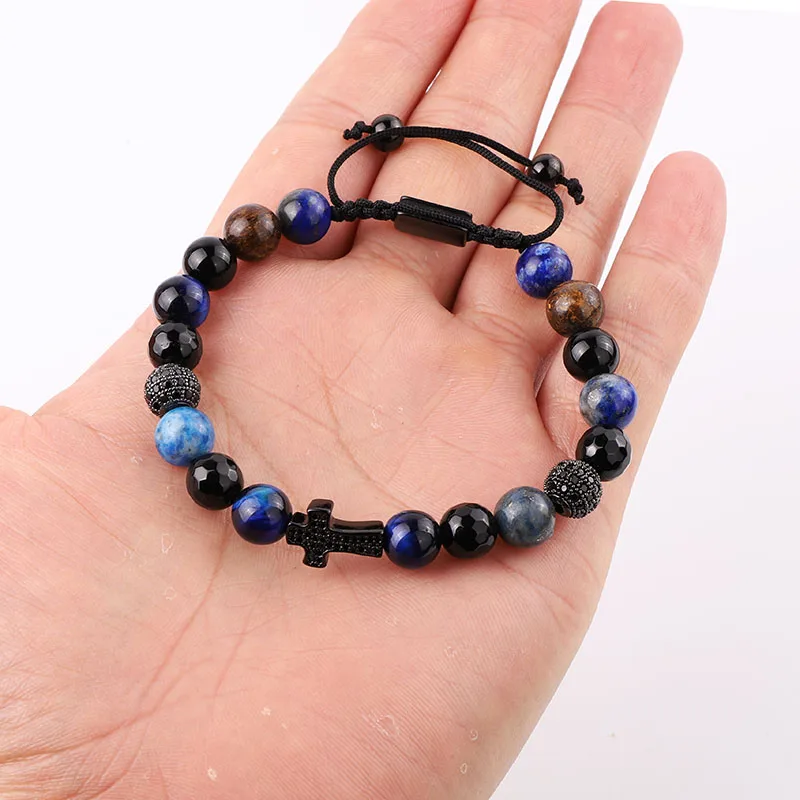 High Quality CZ Pave Cross Charm Natural Stone Black Agate Tiger Eye Bronze Stone Beaded Custom Macrame Bracelet Men Women - Image 6