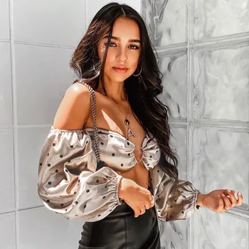 

long sleeve slash neck polka dote sexy extra crop tops autumn winter women streetwear outfits club Blouse