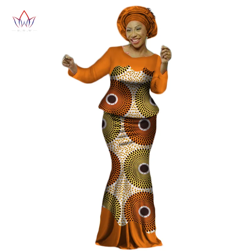 Africa Style Bazin Riche Dresses for Women Two Pieces Set Women Long Sleeve Tops and Long African Print Skirt Plus Size WY2454 - Цвет: 1