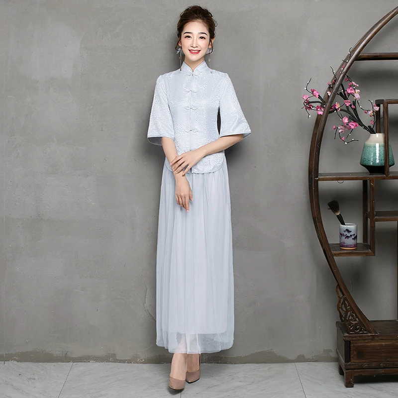 B2 long gray Винтажная одежда сетчатая с вышивкой цветы женские элегантные Cheongsam платья серого цвета для подружек невесты сестры вечерние и свадебные гость сексуальные Пром Vestido - Цвет: B2 long gray