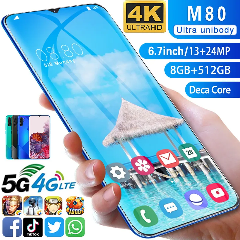 Mobile phone M80 Phone MTK6799 Cell phones 6.7inchHD+1440*3040 Cellphone 8GB+512GB Camera 13MP+24MP Unlocked smartphone