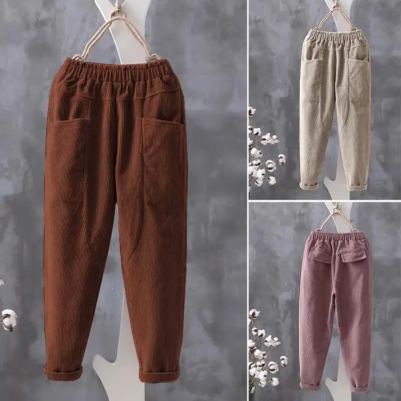 

Women's Corduroy Cropped Pants ZANZEA 2020 Elastic Waist Long Pantalon Solid Harem Trousers Female Casual Palazzo Oversized 5XL