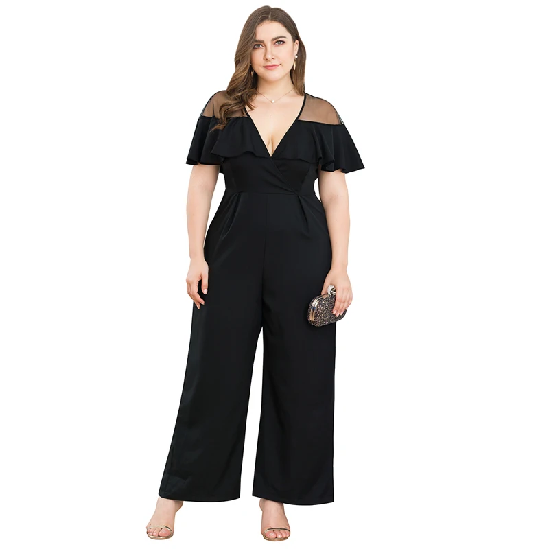 02 Plus Size Комбинезон женский Осень сексуальный v-образный вырез сетка прозрачный оборки рукав длинный женский элегантный комбинезон черный плюс размер 4XL комбинезон комбинезон женский комбенизон женскийспортивный костюм ж - Цвет: 02 Plus Size