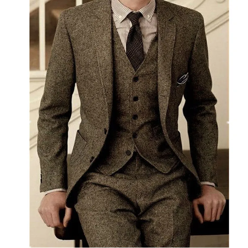 2-3 Latest Coat Pant Designs Brown Tweed Suit Men Vintage Winter Formal Wedding Suits For Men Men's Classic Suit 3 Pieces Men Suit