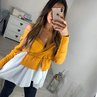 Goede Vrouwen Herfst Lange Mouw V hals Cross Off de Schouder Tops Tee Shirts Onregelmatige Patchwork Tee Shirt Femme Camisas