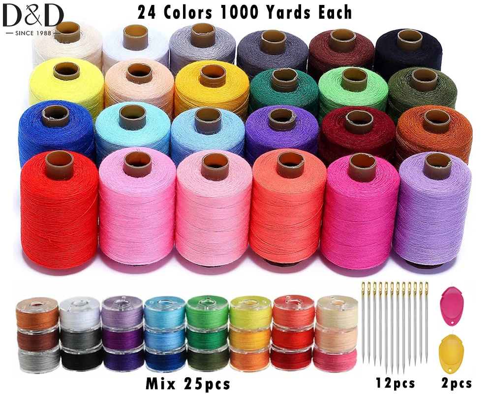 

D&D 1000 Yards Spools Each 24 Colors Polyester Sewing Thread Kits&Multicolor Bobbin Thread Needlework Quilting Embroidery