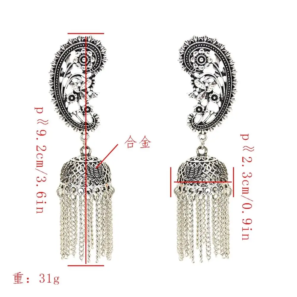 Индийские Афган серьги для женщин окисленный Jhumka Серебро Большая длинная ниспадающая Кисточка Серьги резные цветок Цыганский Племенной этнический ювелирные изделия