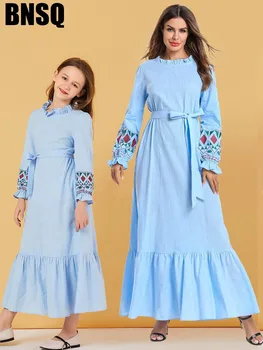 

Mother Daughter Embroidery Muslim Abaya Maxi Dress Children's Wear Family Matching Outfits Kimono Long Robes Eid Ramadan Islamic