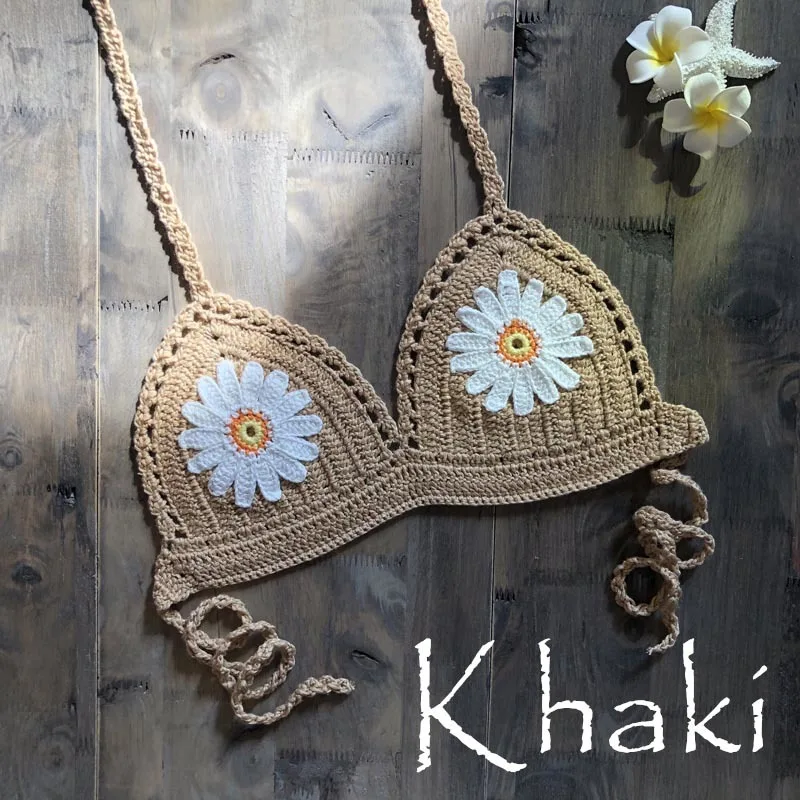 Khaki Вязанное крючком бикини, 9 цветов, сексуальный бикини, топ, женский, с бретелькой на шее, укороченный топ, v-образный вязаный крючком, летняя мода, бикини, кружевной бюстгальтер с вырезами - Цвет: Khaki