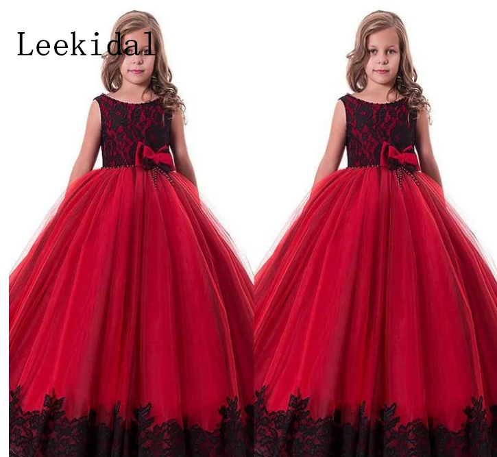 

Glamorous Kids Pageant Dresses Beauty Lace Appliques Black And Red Flower Girl Dresses Vestidos De Comunion Kids Formal Wear