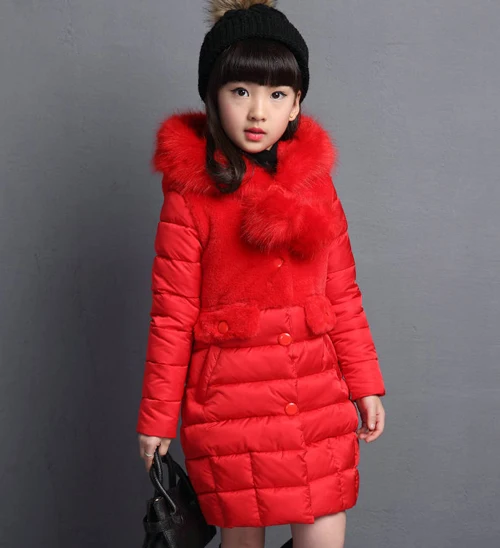 Коллекция года, детское пальто с мехом для девочек русская зимняя куртка для девочек-подростков, теплая длинная корейская детская одежда с капюшоном и хлопковой подкладкой - Цвет: Красный