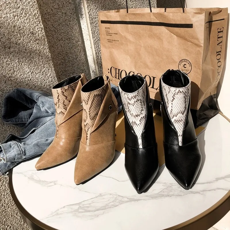 

Autumn Winter Women High Heel Boots Fashion Martin Boots Splice Snake Skin Ankle Boots Pointed Toe Zipper Retro Outdoor Boots