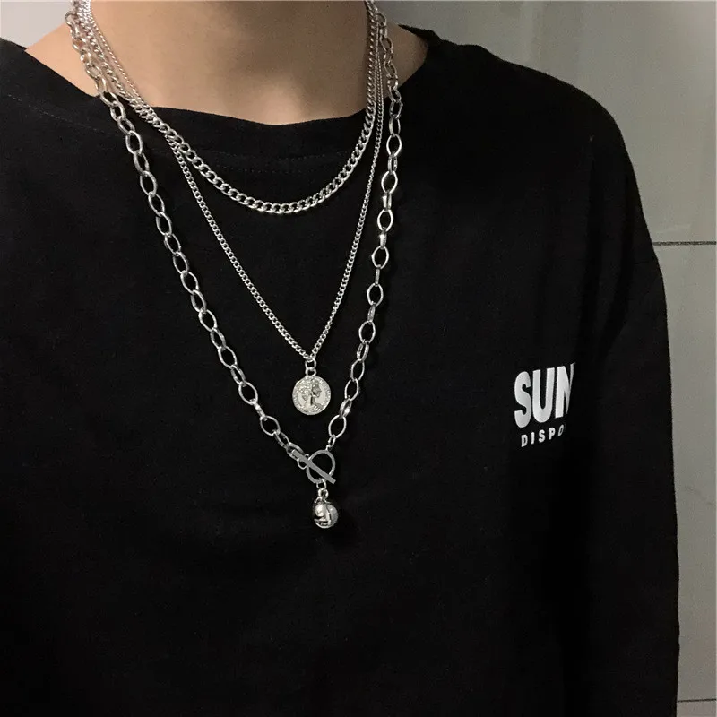 

Net celebrity cold wind Harajuku hip hop three-layer necklace beauty head coin metal ball street shooting sweater chain